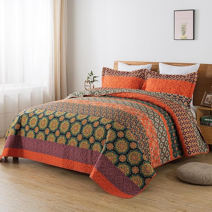 HoneiLife Quilt Sets Queen Size - 3 Pieces Microfiber Quilt Lightweight Bedspreads Wildflower Coverlets Retro Bed Cover King Quilt Bedding Set All Season Quilts-Pumpkin