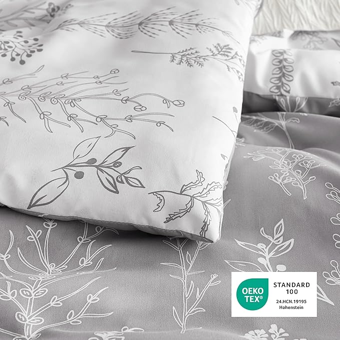 Bedsure Full Comforter Set - Grey Bed Set, 3 Pieces Cute Floral Bedding, 1 Soft Reversible Botanical Flowers Comforter and 2 Pillow Shams