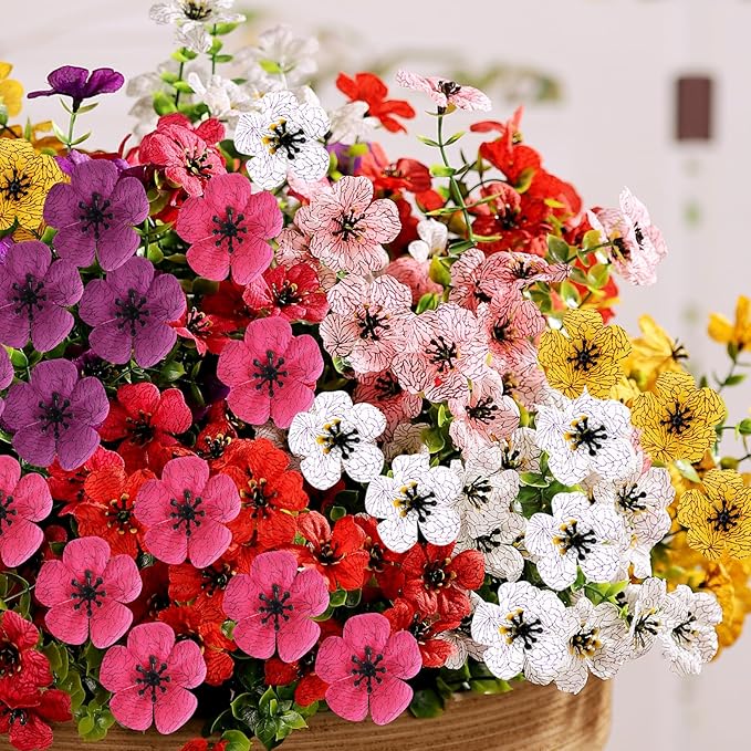 14 Bundles Artificial Flowers UV Resistant for Patio Outdoors Fake Faux Silk Plants Realistic Plastic Flowers Indoors Porch Window Home Decoration (14, Mixed Fuchsia Yellow Pink White)