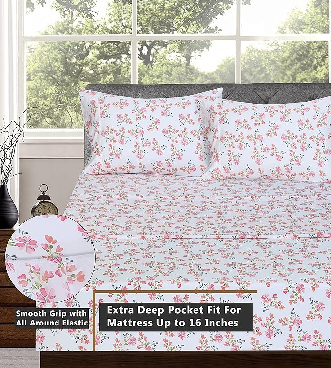 RUVANTI 100% Cotton Sheets Queen Size Set, 4 Pieces, Soft & Breathable Percale Weave Bedding, Deep Pocket 16", Hotel Standard, Crisp Cool Feeling, Durable, Perfect Floral Bed Sheet, Bloomex