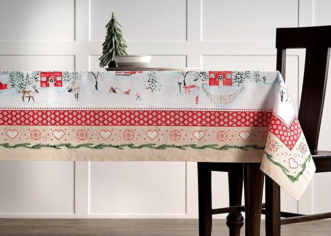 Maison d' Hermine Table Cloth Rectangle Table 100% Cotton 60 x 90 Inches Fall Tablecloth Reusable Everyday Use for Thanksgiving Christmas Decorations Dining Farmhouse Party (Rural Christmas)