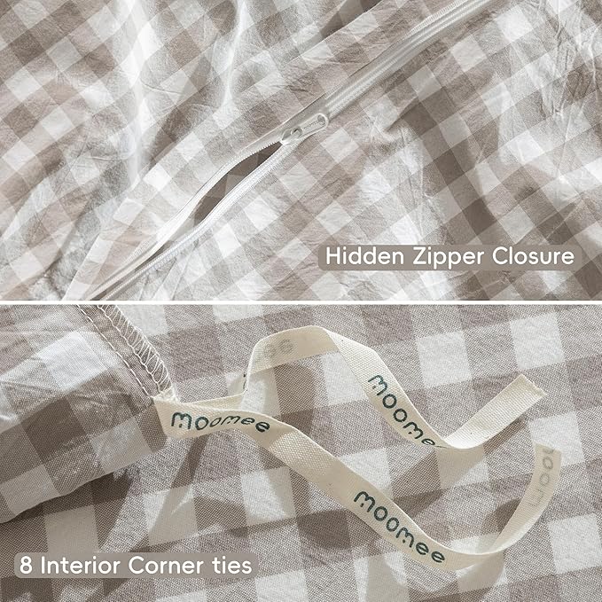 MooMee Gingham Duvet Cover Set 100% Washed Cotton Linen Like Textured Breathable Durable Soft Comfy Modern Checkered Design (Tannish Linen Grey Gingham, Palatial King/Oversized King 120"x98")