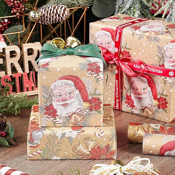 RUSPEPA Kraft Christmas Wrapping Paper Set, Jumbo Roll, Vintage Santa, Bird, Poinsettia,and Gold Snowflake Plaid Design, Kraft Gift Wrap for Christmas, Holiday, 4 Rolls, 30 Inches x 10 Feet per Roll