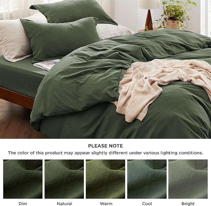 Bedsure Duvet Cover Queen Size with Fitted Sheet - 4 Pieces Prewashed Cotton-Like Extra Soft Bedding Set, Includes 1 Duvet Cover 90x90 Inches, 2 Pillow Shams, 1 Fitted Sheet, Olive Green