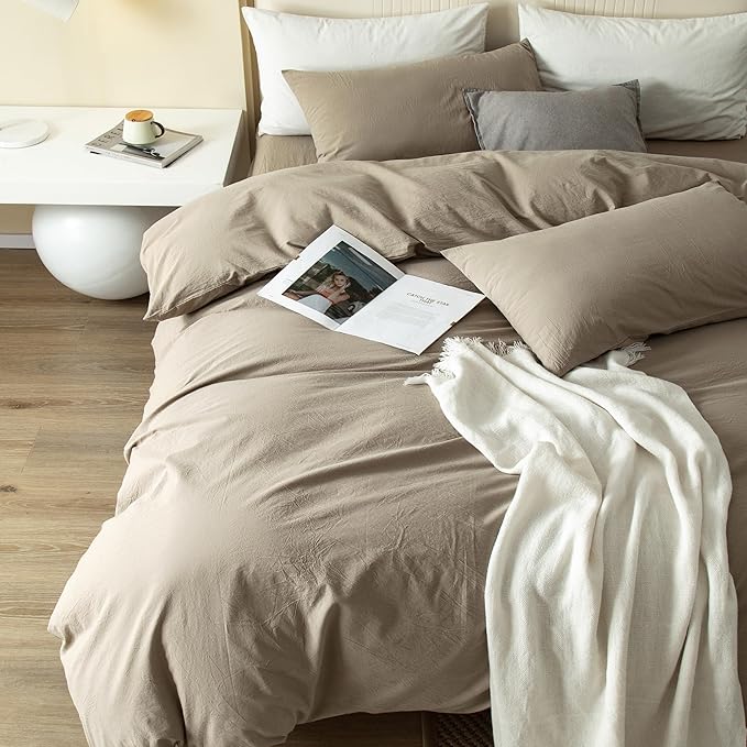 JIYUAN 100% Washed Cotton Duvet Cover Set 3 Pieces King, 1 Duvet Cover 104x90 Inches(Comforter Not Included) and 2 Pillowcases,Linen Feel Bedding Set Comfy and Breathable,Khaki
