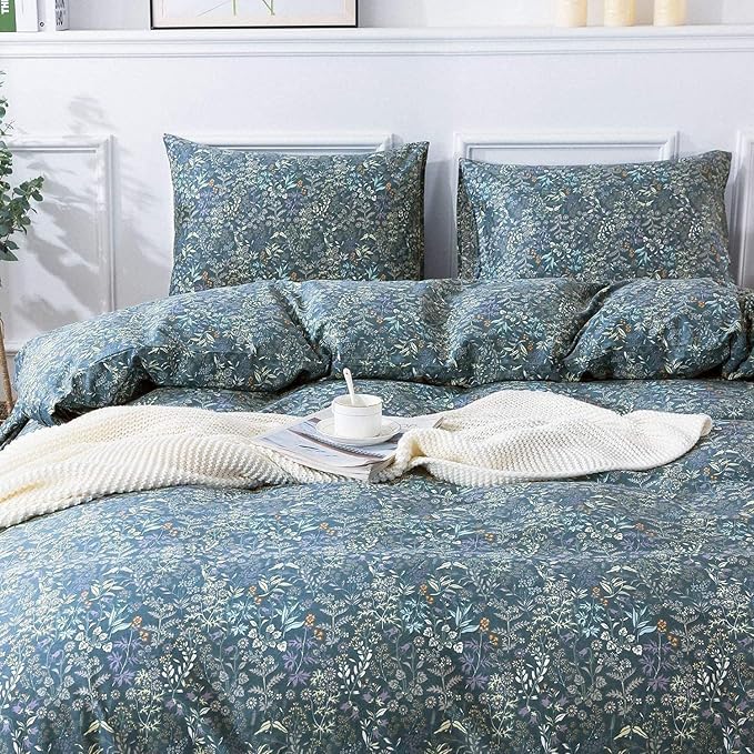 Vintage Floral Duvet Cover Small Blue Flower Duvet Cover Full Size Garden Style Floral Comforter Cover 100% Cotton Aesthetic Cottagecore Bedding Set Flower Botanical Comforter Cover with Zipper Ties
