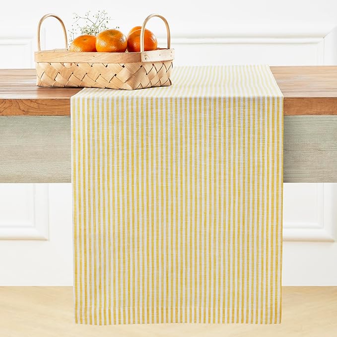 Solino Home Linen Table Runner 36 Inches - Narrow Stripe 100% Pure Linen Spicy Mustard and White Table Runner 14 x 36 Inch Ideal for Dresser and Coffee Tables, Spring, Easter