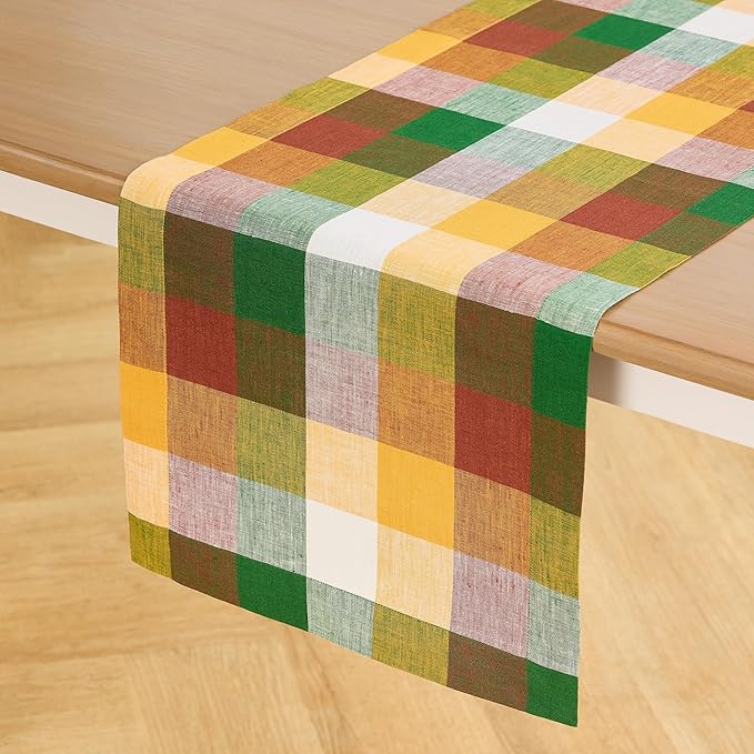 Solino Home Linen Table Runner 144 Inches Long - 100% Pure Linen Fall Multicolor Buffalo Check Extra Long Table Runner 14 x 144 Inch Ideal for Dining