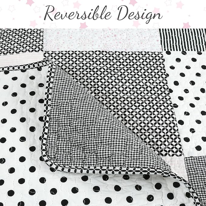 Cozy Line Home Fashions Black White Pink Polka Dots Striped Star Girl 100% Cotton Reversible Quilt Bedding Set, All-Season Coverlet Bedspread (Black Pink, Queen - 2 Piece)