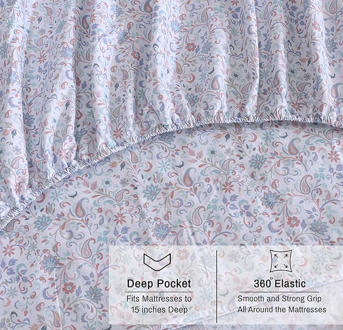 RUVANTI 100% Organic Cotton Sheets Split King, Percale Weave, GOTS Certified, 5-Piece Set, Deep Pocket 15", Crisp & Breathable, Soft Durable Bedding, Sábanas Algodón Orgánico – Multi Paisley