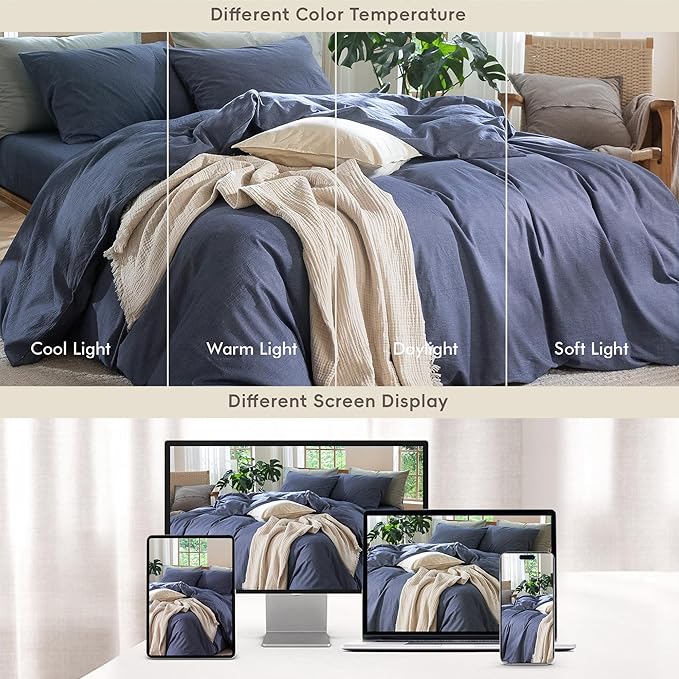MooMee Bedding Duvet Cover Set 100% Washed Cotton Linen Like Textured Breathable Durable Soft Comfy (Heathered Blue, Cal King 104"x98")