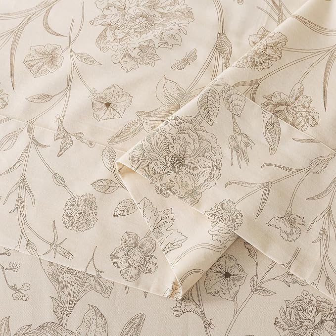 Zusbest King Size Sheets 100% Percale Cotton Beige Floral Bed Sheet Set, Brushed Extra Softness, Breathable Luxury Toile Flannel Sheets Like Khaki Flower Print Deep Pocket Bed Set 17.5'' 4 Pcs
