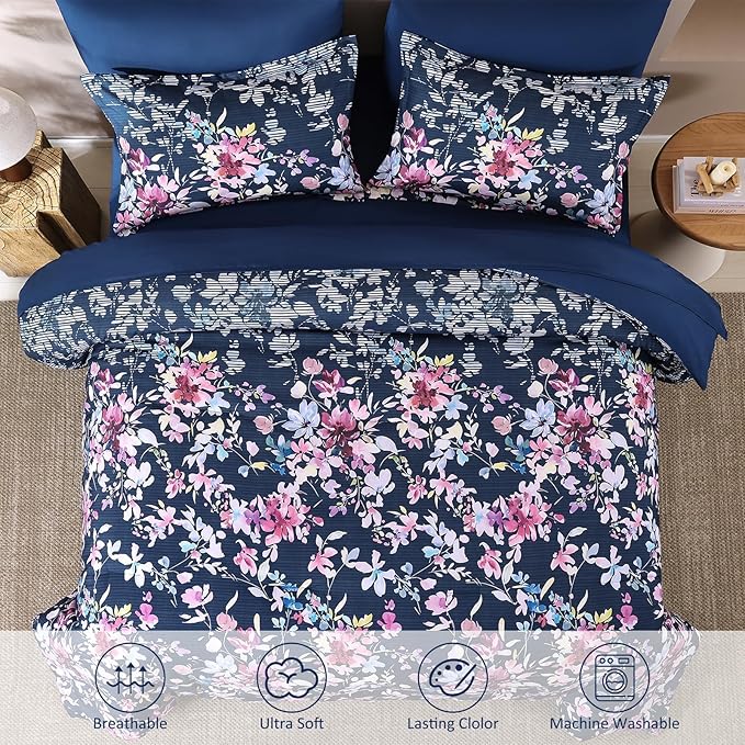Dobuyly King Size Comforter Set, 7 Pieces Navy Blue Floral Comforter Set, Bed in a Bag King with Botanical Flowers Pattern, All Season Farmhouse Bedding Set with Sheets, Pillowcases & Shams