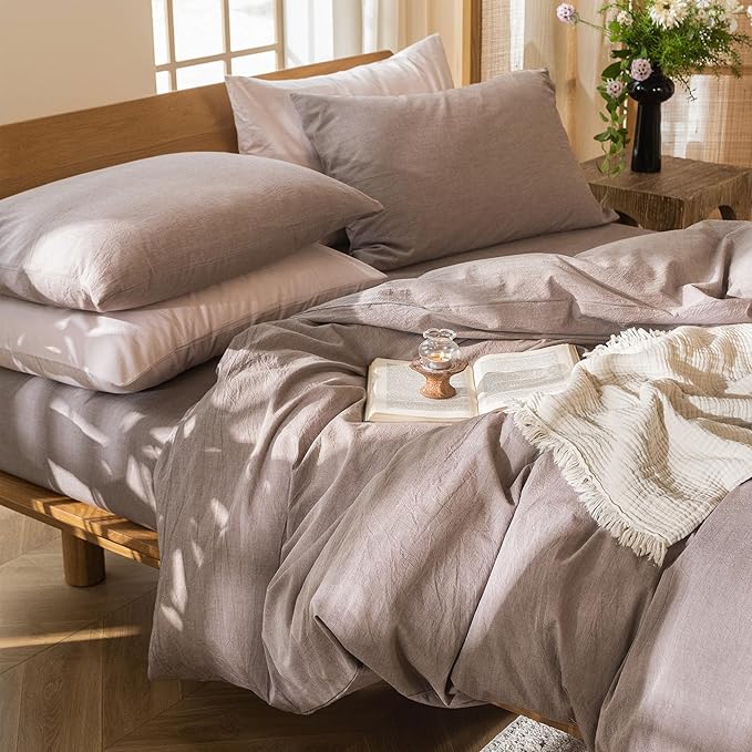 MooMee Bedding Duvet Cover Set 100% Washed Cotton Linen Like Textured Breathable Durable Soft Comfy (Heathered Mauve Brown, Cal King 104"x98")