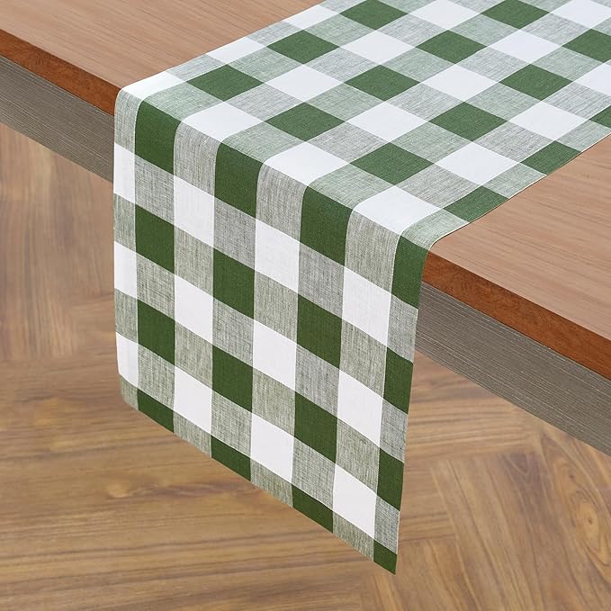 Solino Home Linen Checkered Table Runner 108 Inches Long - 100% Pure Linen Olive and White Buffalo Check Table Runner 14 x 108 Inch Ideal for Dining, Spring, St Patricks Day, Easter