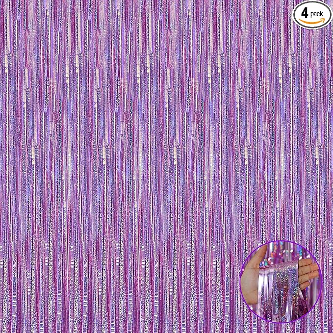 4 Pack Light Purple Tinsel Foil Fringe Curtain Backdrop, 3.28Ft x 8.2Ft Metallic Streamers for Photo Booth Wedding Bridal Shower Bachelorette Birthday Halloween Christmas Party Decoration