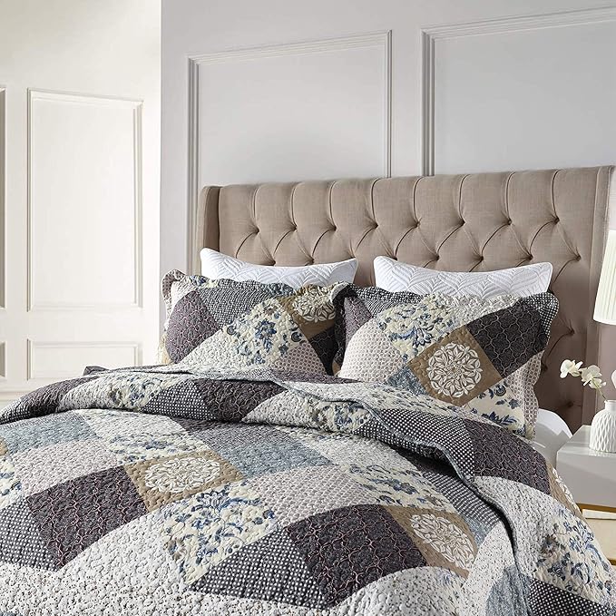 Travan 3-Piece Queen Quilt Set Quilted Bedspread Oversized Microfiber Lightweight Coverlet Set with Shams Reversible Printed Coverlet Bedding Set for All Season, Slate Blue, King Size