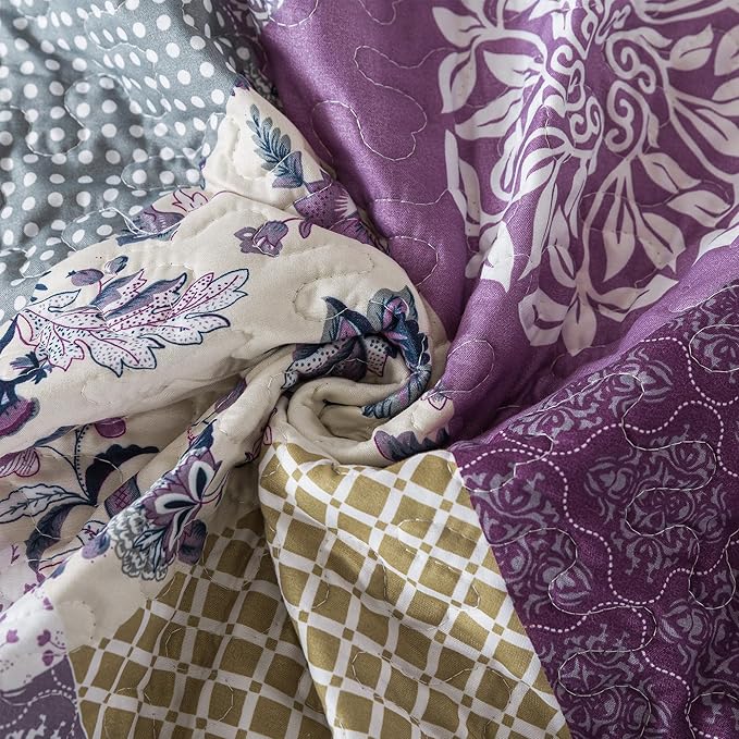 HoneiLife Queen Size Quilt Sets - 3 Pieces Queen Quilt Bedding Set Microfiber Quilt Set Lightweight Bedspreads Reversible Coverlets Retro Bed Cover Floral Bedding Set All Season Quilts-Beige & Purple