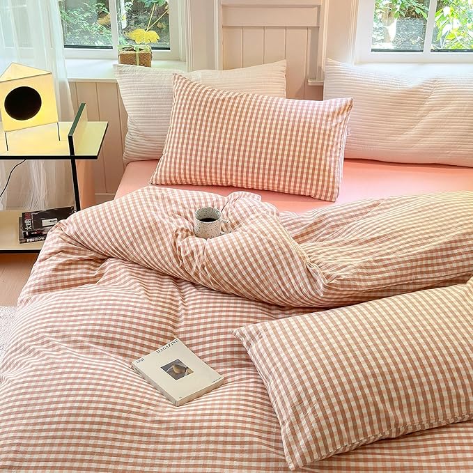 LifeTB Pink Gingham Comforter Set Twin XL Modern Style Pink Plaid Comforter Set Soft Fluffy 3 Pieces Grid Checkered Pattern Comforter with 2 Pillowcases Farmhouse Gingham Bedding Set Twin XL