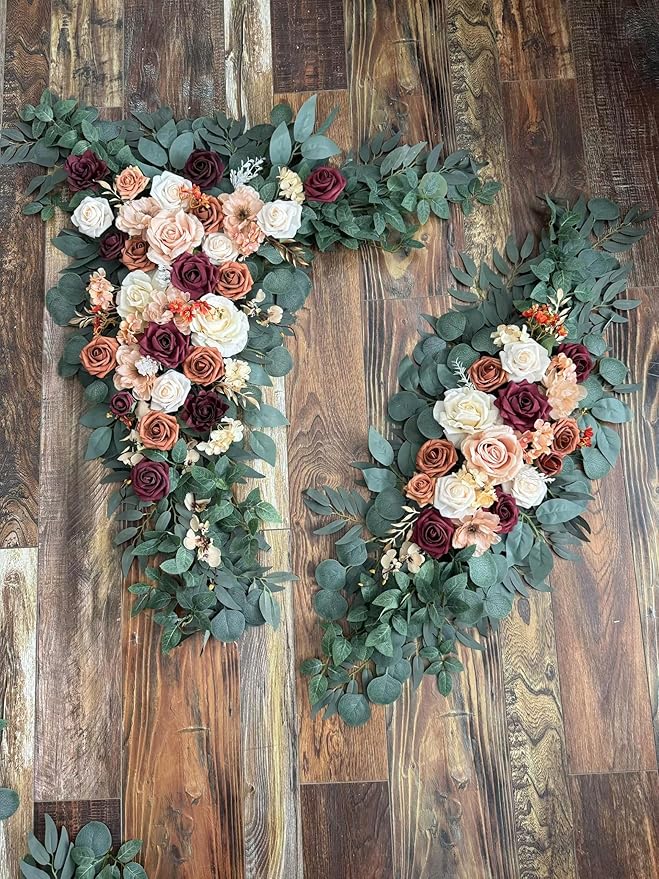 Wedding Arch Flowers Kit Pack of 5, 2pcs Large Artificial Terracotta & Burgundy Floral Swag and 3pcs Draping Fabric for Wedding Ceremony Arbor Reception Backdrop Decoration