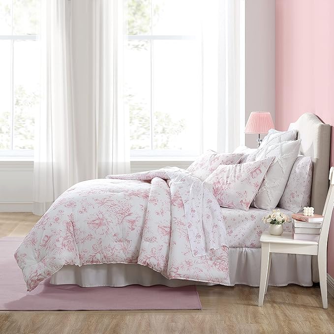 Laura Ashley - King Comforter Set, Soft & Reversible Cotton Bedding with a Smooth Feel, Medium Weight for Year Round Comfort, 3 Piece Bed Set with Matching Pillowcases (Delphine Mauve Pink)