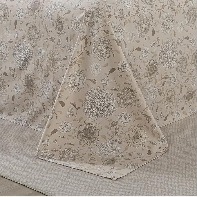FADFAY Light Khaki Vintage Hydrangea Floral Queen Size Sheets Set 100% Brushed Cotton Shabby Peony Pattern Bedding Set Deep Pocket Sheets with 2 Pillowcases Luxury Daisy Breathable Soft 4pcs, Queen