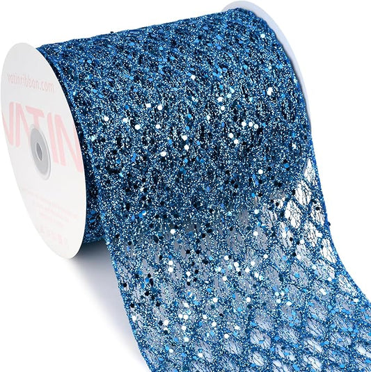 VATIN 6" Blue Christmas Ribbon, Blue Glitter Mesh Diamond Web Sequin Dots Wired Christmas Ribbon for Gift Wrapping Bow Making Wreath Supply-10 Yards