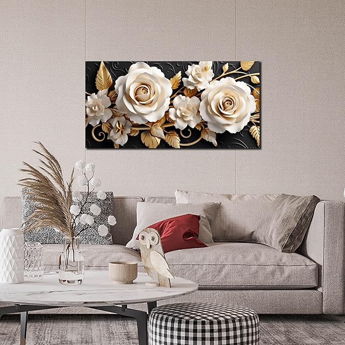 Flower Large Canvas Wall Art for Living Room Bedroom Home Office White and Gold Wall Art Blossom Picture Framed Wall Decor Modern Canvas Prints 20x40 In