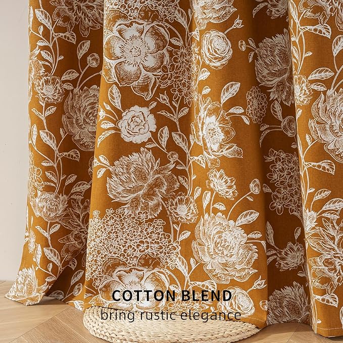 Printed Peony Blackout Curtains for Bedroom- Vintage Orange Floral Pattern on Cotton Blend Fabric, Grommet Top Light Blocking Drapes, Home & Office Decor, 52W x 96L
