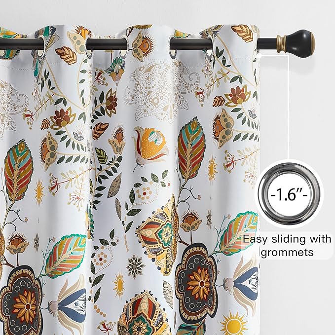 XiDi Vintage Floral Patterned Blackout Curtains 102 Inches Long 2 Panels for Bedroom Living Room Thermal Insulated Luxury Colorful Curtains Botanical Leaf Printed Design Grommet Drapes White 52x102