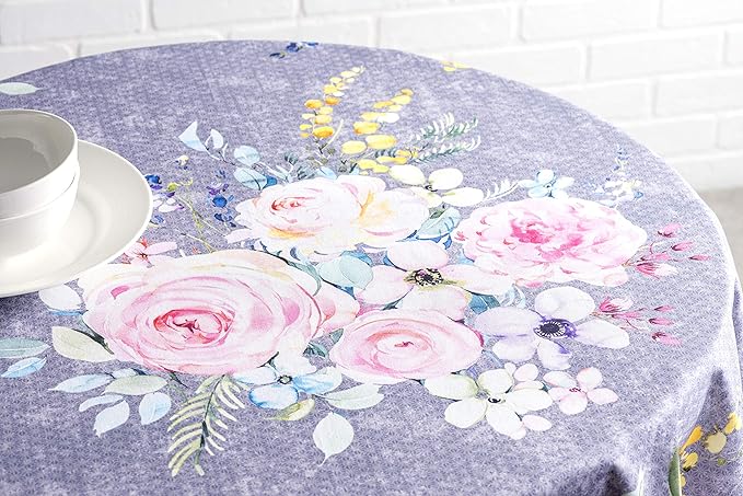 Maison d' Hermine Table Cloth Round Table 100% Cotton 63 Inches Tablecloth Reusable for Dining Room, Farmhouse, Home, Party, Festive & Wedding Spring Summer - Sweet Rose Lavender - Country Garden