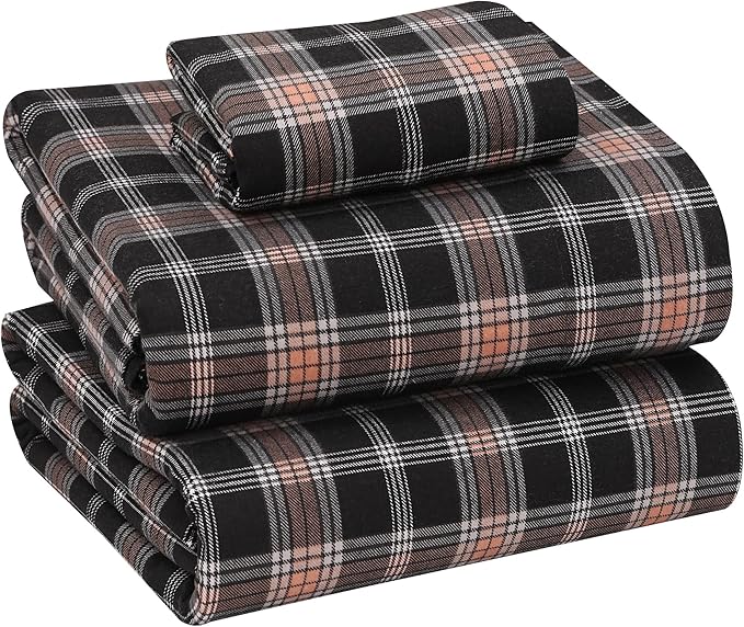 RUVANTI Flannel Sheets Twin XL Size - 100% Cotton Double Brushed Twin XL Sheet Sets, Deep Pockets 16 Inches, All Seasons Breathable & Extra Soft Bed Sheets, Warm & Cozy, 3 Piece, Peach & Black Plaid