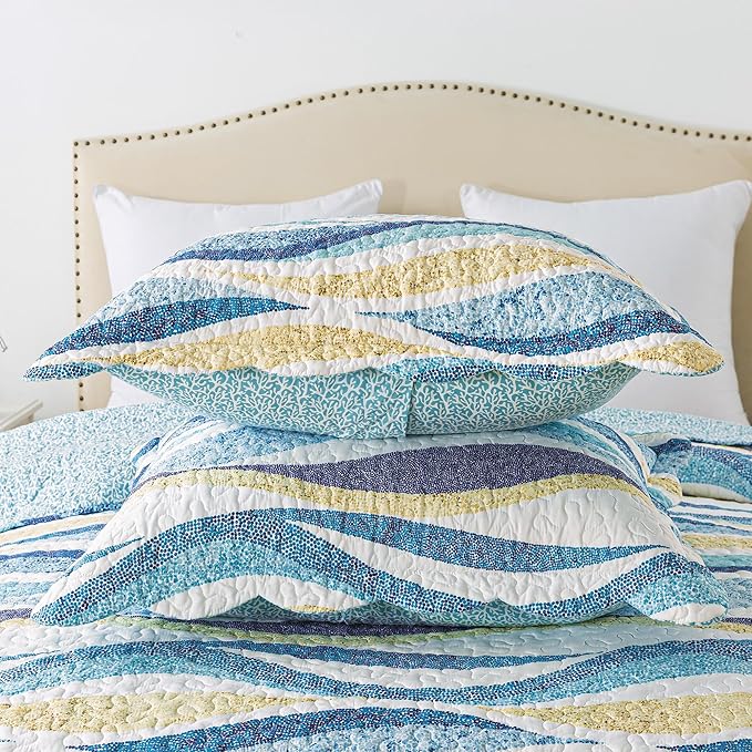 HoneiLife Beach Quilt King Size - 3 Pieces Coastal Quilt Sets Nautical Bedspreads Ocean Coverlets Lightweight Bed Cover, King Quilt Bedding Set All Season Quilts