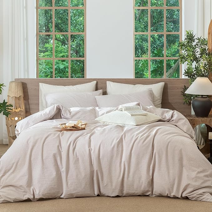MooMee Striped Duvet Cover Set 100% Washed Cotton Linen Like Textured Breathable Durable Soft Comfy (Orange Pinstripes, Full 80"x90")