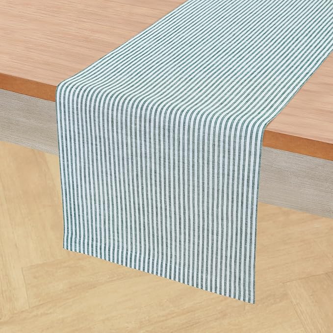 Solino Home Linen Table Runner 48 Inches - Narrow Stripe 100% Pure Linen Rainforest and White Farmhouse Table Runner 14 x 48 Inch Ideal for Dresser and Coffee Tables - St Patricks Day