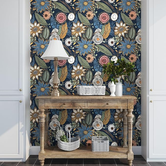 Boho Wallpaper Peel and Stick, Dark Vintage Floral Contact Paper, 17.5" x 197" Retro Botanical Flower Wall Paper Self Adhesive Removable Waterproof for Walls Shelf Cabinet Table (Blue,Yellow, Green)