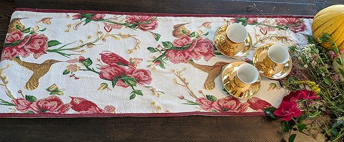 Tache Floral Red Roses Birds Ivory Woven Table Runner - Vintage Tapestry Kitchen Dining Dinner Linens Cloth - 13 x 54 inches
