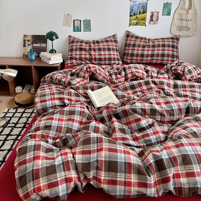 LifeTB Full Comforter Set Vintage Buffalo Plaid Comforter Set, 3 Pieces Red Brown Grid Checkered Comforter with 2 Pillowcases, Breathable Soft Farmhouse Grid Pattern Printed Plaid Gingham Bedding Set