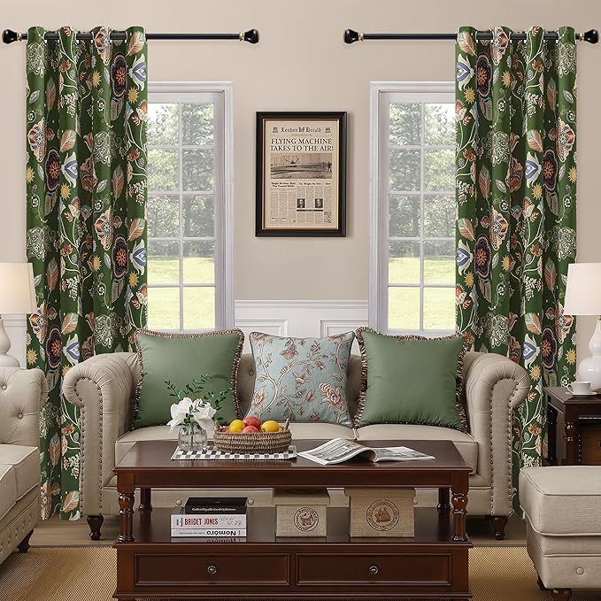 XiDi Green Floral Curtains 102 Inches Long 2 Panels Vintage Patterned Blackout Curtains for Living Room Thermal Insulated Grommet Luxury Cottage Core Botanical Printed Drapes Moss Green 52x102