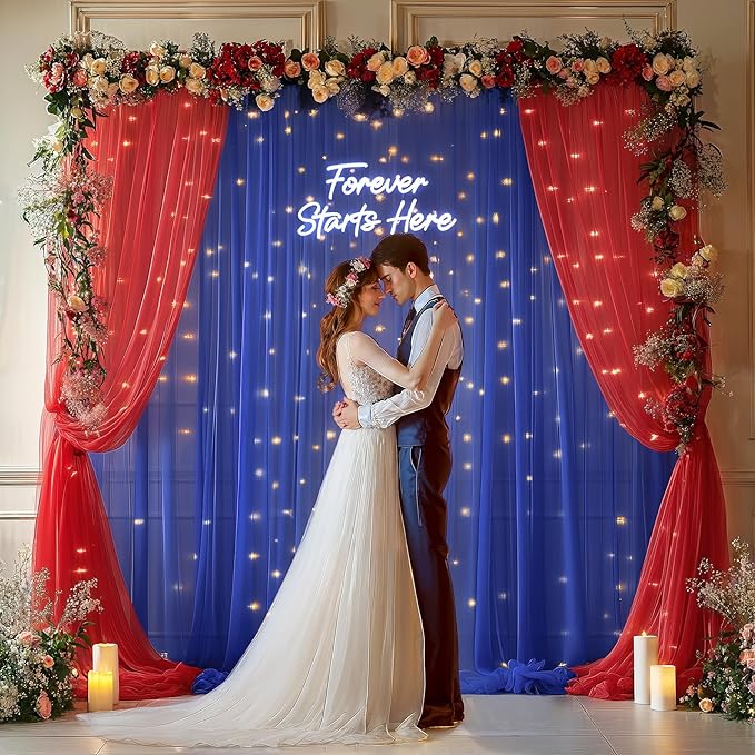 10x10ft Royal Blue Red Tulle Backdrop Curtain with Lights String for Parites, Sheer Backdrop Curtains for Wedding Baby Shower Birthday Party Photo Shoot Decorations