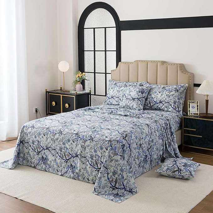 FADFAY Sheets Set Full Botanical Bird Floral Bed Sheets Set Vintage Blue Farmhouse Bedding Shabby Branches Bedding Collections 100% Egyptian Cotton Breathable Soft 17.7" Deep Pocket 4Pcs, Full Size