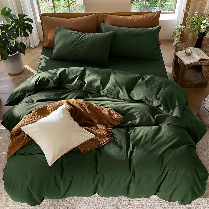 MooMee Bedding Duvet Cover Set 100% Washed Cotton Linen Like Textured Breathable Durable Soft Comfy (Solid Forest Green, Full 80"x90")