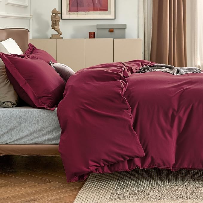 Bedsure Duvet Cover Queen Size - Soft Double Brushed Bedding Set for Kids & Adults, Zipper Closure, 3 Pieces, Includes 1 Duvet Cover (90"x90") & 2 Pillow Shams, NO Comforter, Burgundy