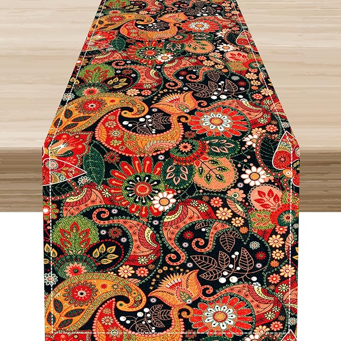 Vintage Paisley Table Runner, Colorful Retro Damask Antique Floral Flower Boho Damask Swirled Print Table Center Decor for Family Kitchen Table Decorations Indoor Outdoor 13x72 inch