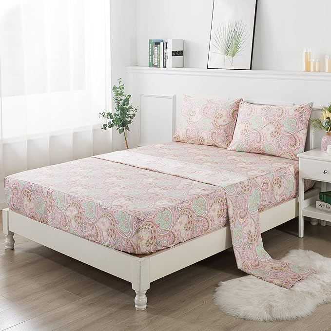 FADFAY Egyptian Cotton Sheets Twin Pink Paisley Bedding Sets Deep Pocket Fitted Sheet Set 800TC Soft Skin-Friendly Natural Bed Sheets (4Pcs, Twin Size)