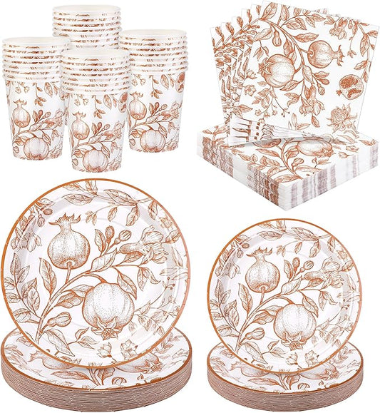 96 Pieces Fall Disposable Pomegranate Paper Plates Thanksgiving Vintage Floral Party Supplies Orange Floral Tableware Set Includes Paper Plates Cups Napkins Serve 24 for Wedding Baby Shower