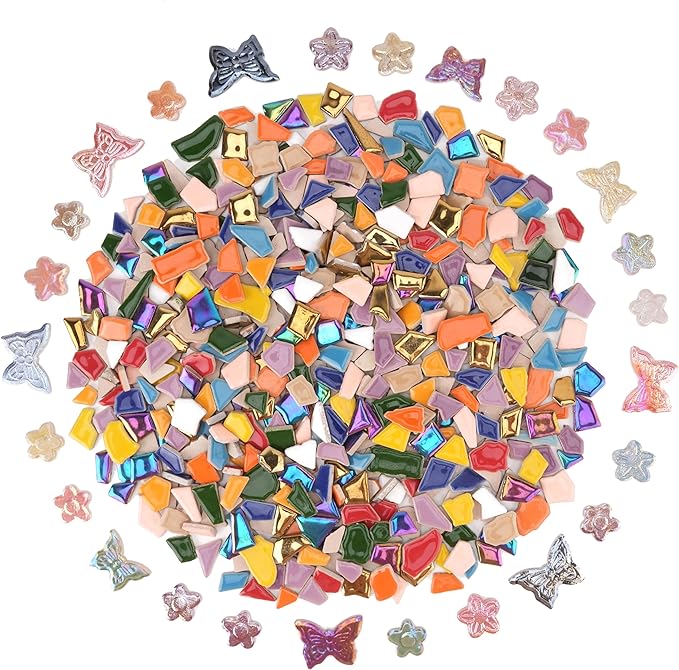 1.5 lb Ceramic Tiles for Mosaics - (Irregular, Flower & Butterfly Mix), Ceramic Mosaic Tiles for Crafts, DIY Art Project & Home Decor