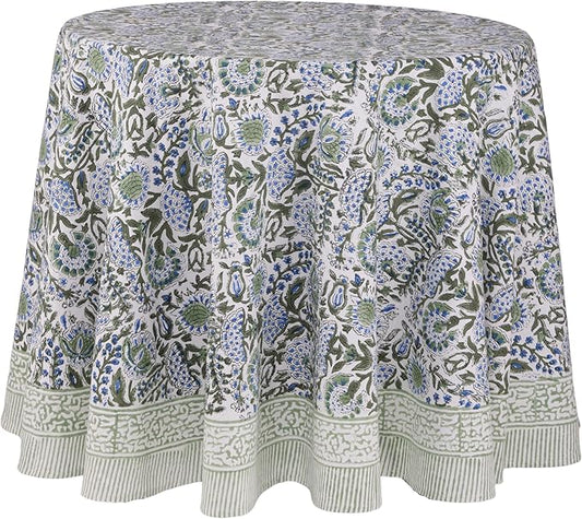 ATOSII Clover Blue 100% Cotton Round Boho Fall Tablecloth, Handblock Floral Table Cloth Linen for Kitchen Dining I Parties Outdoors Christmas Thanksgiving Fall Home Decor 72" Inches Round I 4-6 Seater