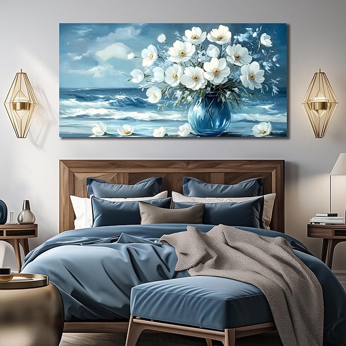 Flower Wall Art for Living Room, Ocean Canvas Wall-Decor for Bedroom, Blue and White Picture Print Artwork for Office, Large Size 59 x 29 Inches