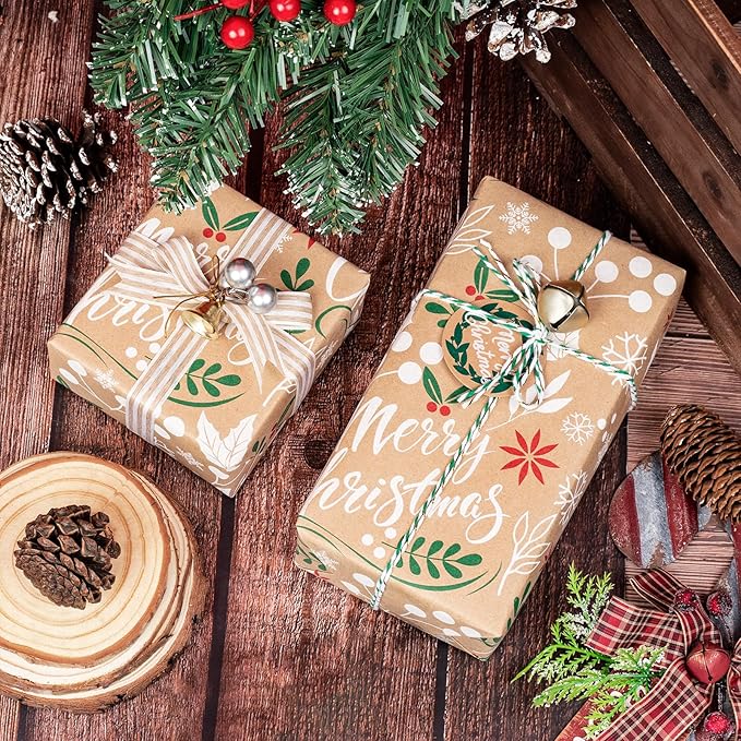 WRAPAHOLIC Kraft Christmas Wrapping Paper - Mini Roll - 17 Inch x 33 Feet - Merry Christmas Wrapping Paper with Leaves Design for Holiday, Party Celebration